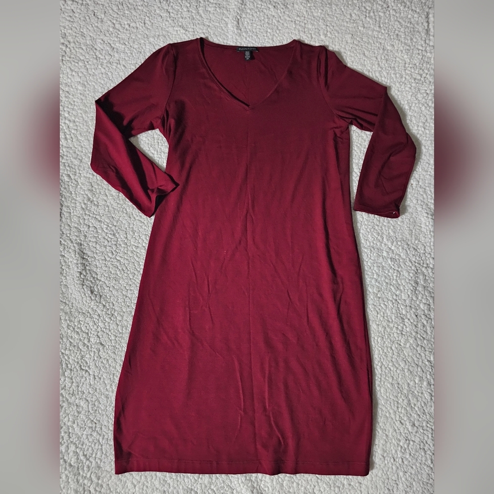 Eileen Fisher Sheath Dress Women's S V-Neck 3/4 Sleeve Burgundy Career Office
